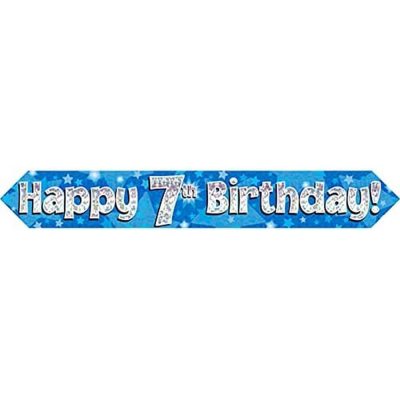 9ft Banner Happy 7th Birthday Blue holographic