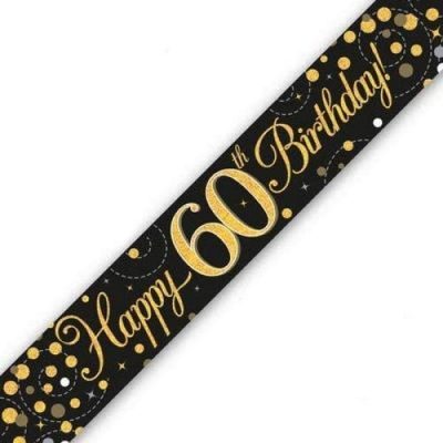 9ft Banner Sparkling Fizz 60th Birthday Black & Gold Holographic