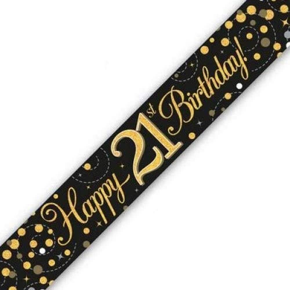9ft Banner 21st Birthday Black & Gold Holographic