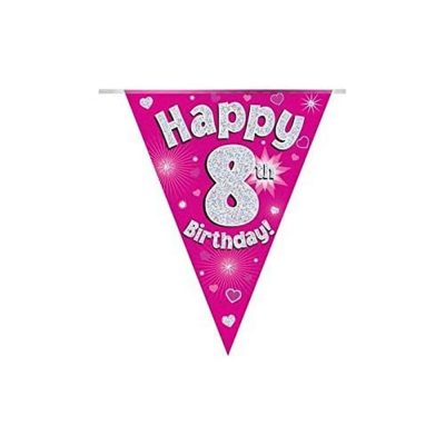 Party Bunting Happy 8th Birthday Pink Holographic 11 flags 3.9m