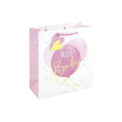 Eurowrap Hello Baby Medium Gift Bag – Pink Balloon Baby Shower Present Bag with Foil Finish, White Kraft Paper, Paper Woven Handles & Tag – Premium New Baby Girl Gift Packaging