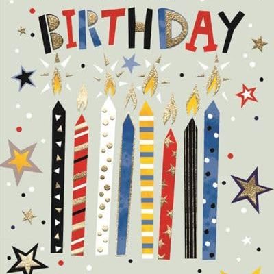Cousin Birthday Card – Coloured Candles Writing Stars with Gold Foil 7.75×5.25